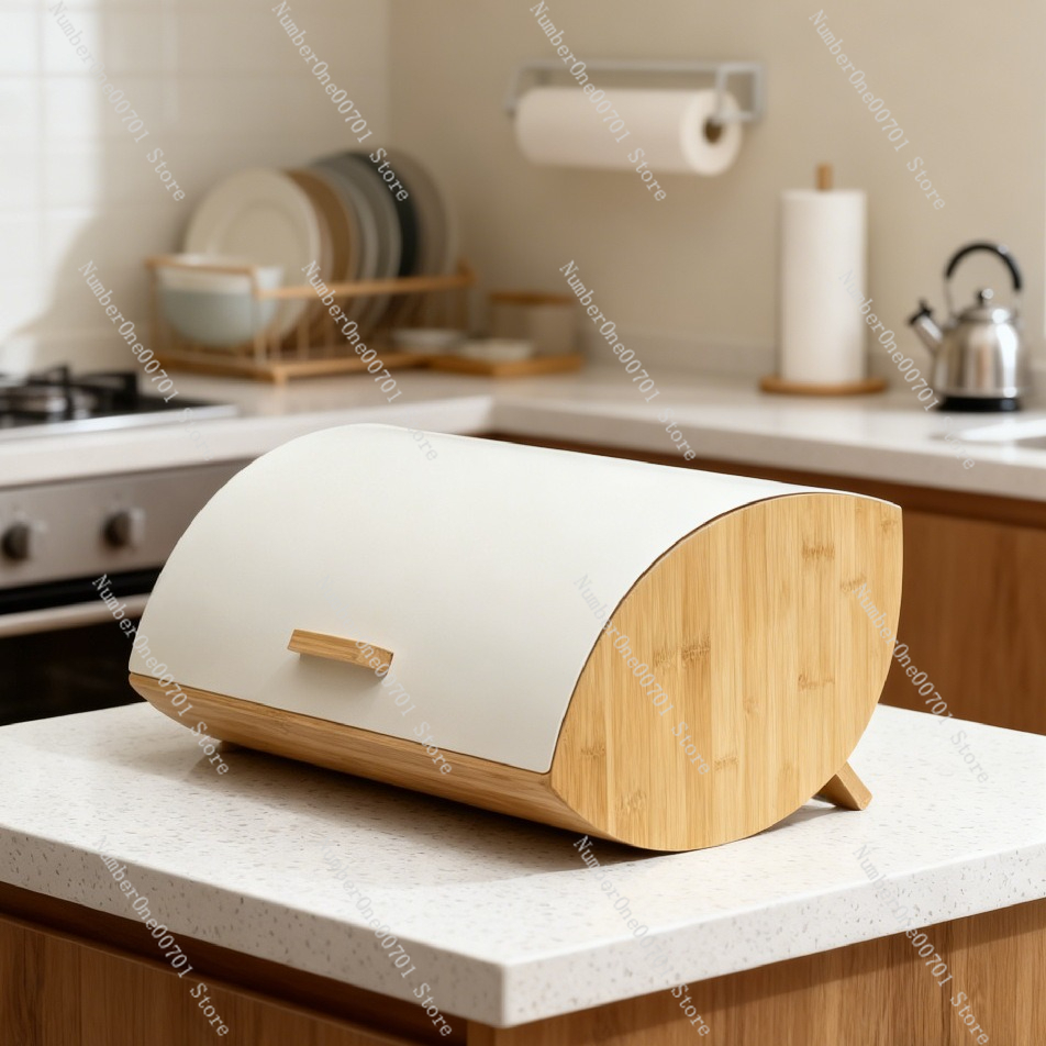 Bread Box Bamboo - صندوق تخزين الخبز المعدني بغطاء من